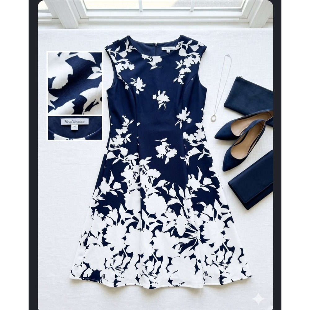 London Style Collection Navy Blue White Floral Fit Flare Dress Sleeveless Sz 14